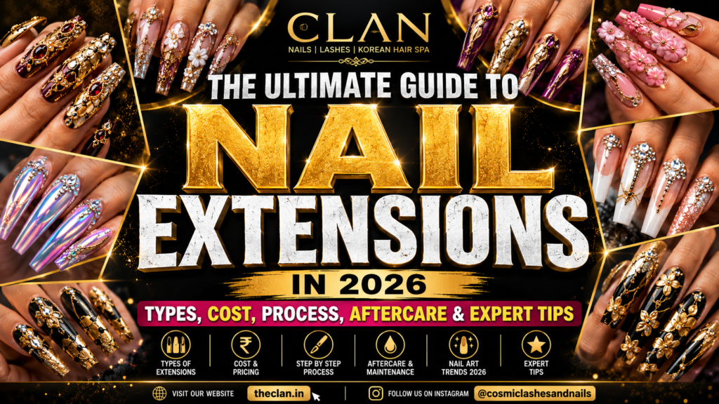 Luxury nail extensions guide banner featuring 3D nail art, gel nails, acrylic nails, chrome nails, floral nail designs, and expert nail extension tips by CLAN.