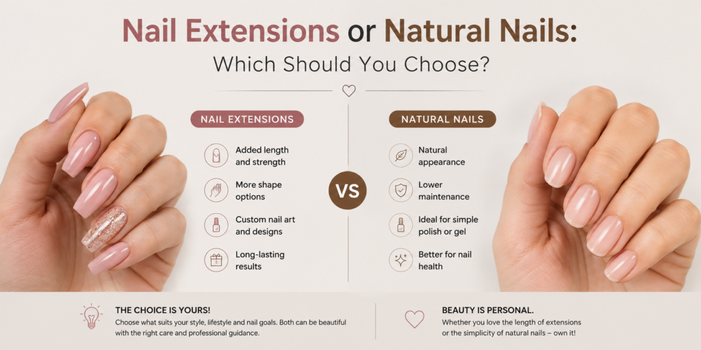 Nail extensions versus natural nails comparison showing different nail styles