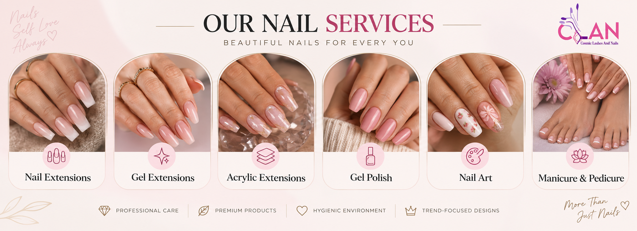 Cosmic Lashes And Nails nail services including nail extensions, gel extensions, acrylic extensions, gel polish, nail art, manicure and pedicure